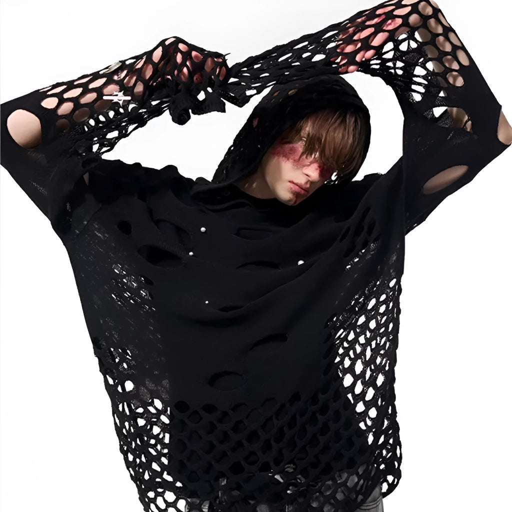Black men's hooded sweater with pearl decoration, loose thin knit pullover style