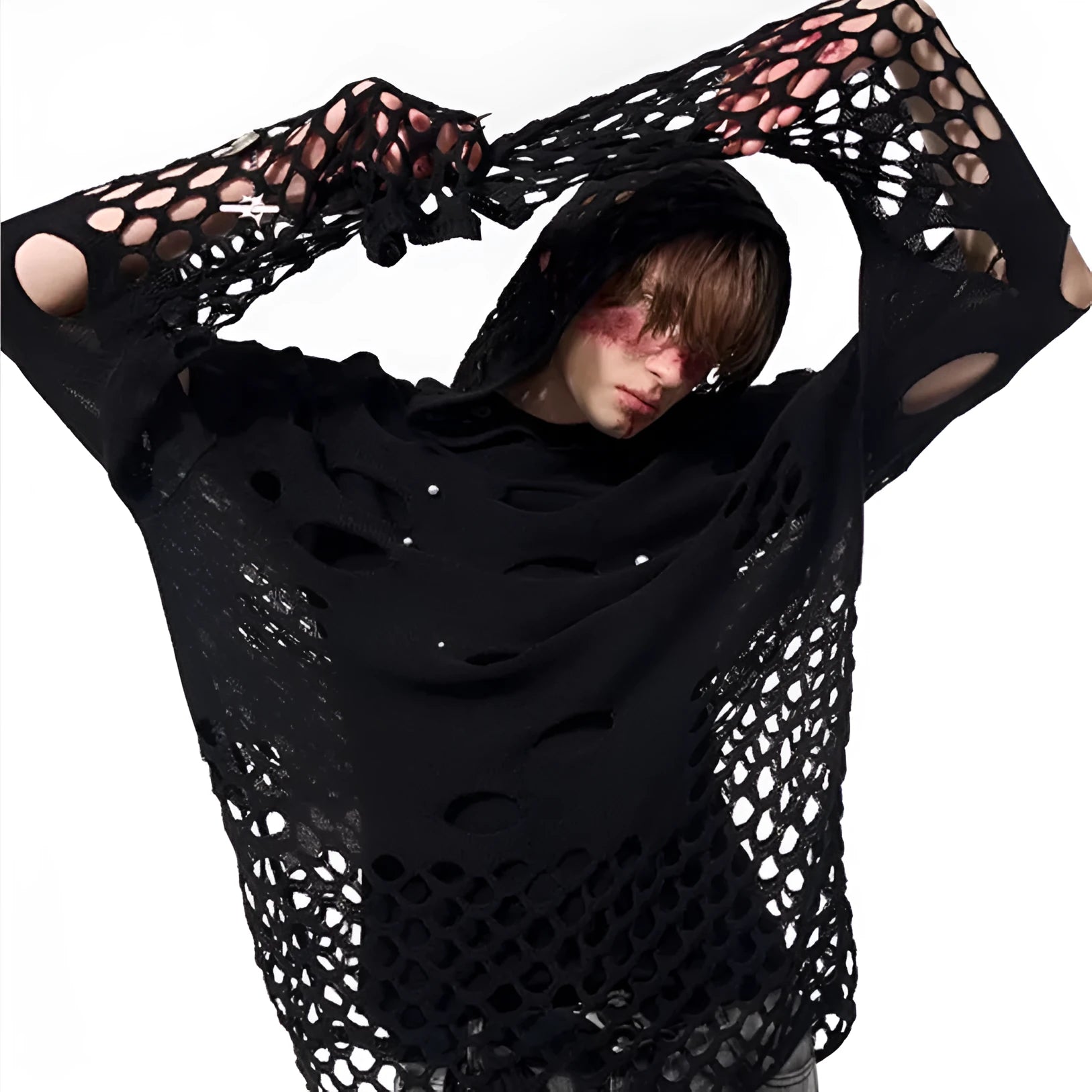 Black men's hooded sweater with pearl decoration, loose thin knit pullover style