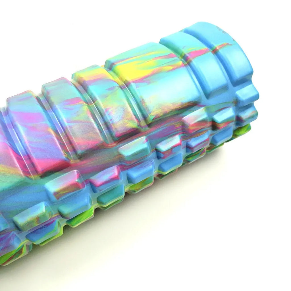 33cm camouflage pattern EVA foam roller in blue green yellow colour shown on gym floor