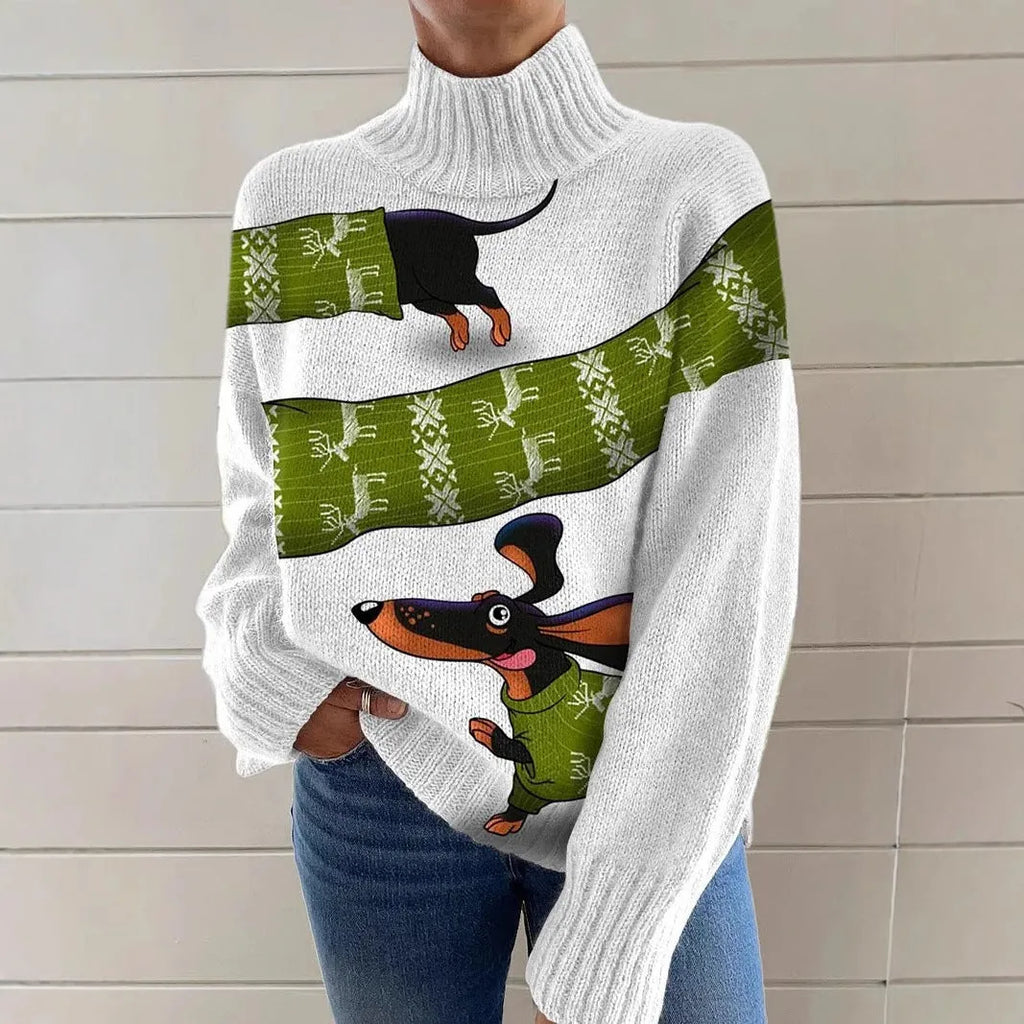 Women's Christmas printed turtleneck sweater in loose fit with festive design