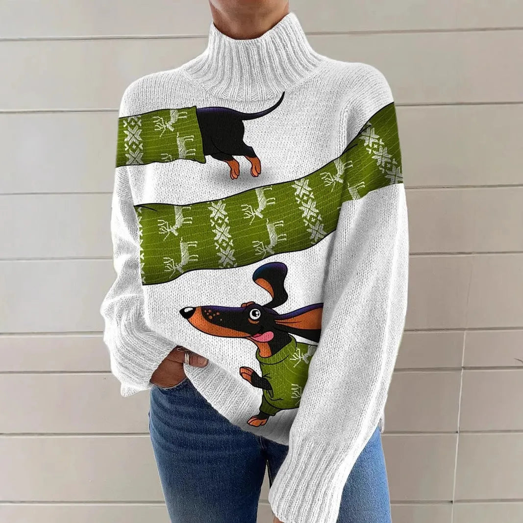 Women's Christmas printed turtleneck sweater in loose fit with festive design