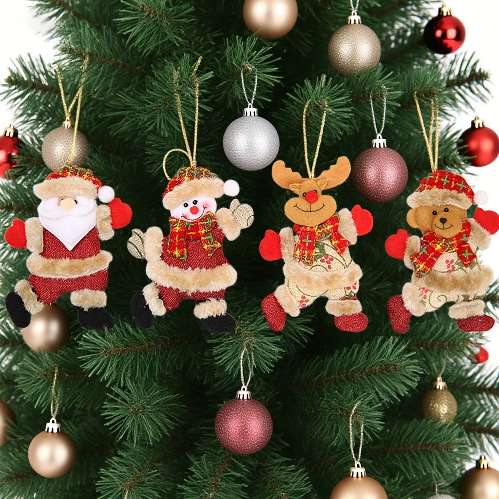 Set of four Christmas tree ornaments Santa snowman reindeer and bear figures with red white scarves golden balls red bows