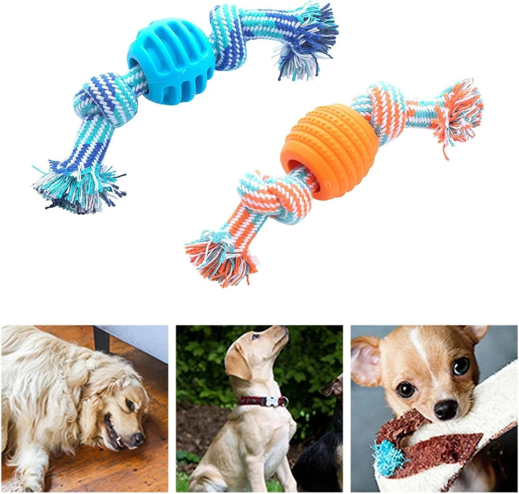 Blue dog chew toy with molar shape and attached rope for dental care.