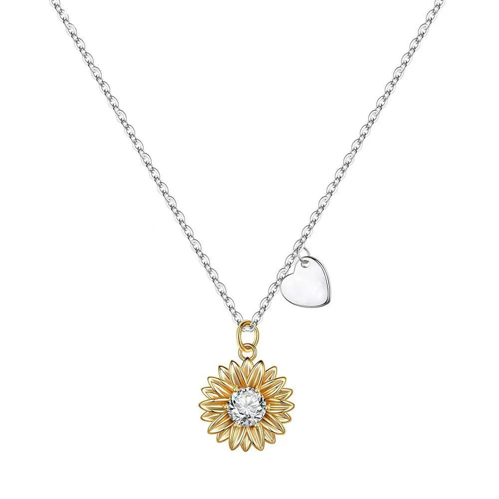 925 silver sunflower necklace with geometric pendant on adjustable cross chain
