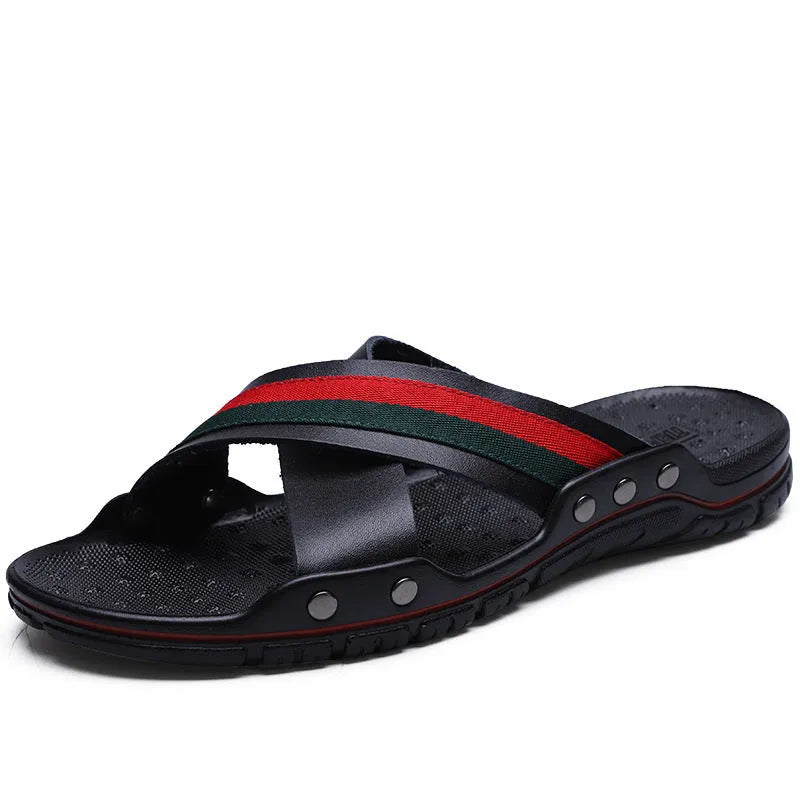 Men's cowhide leather beach sandals with non-slip PU soles in white, blue, and black colours