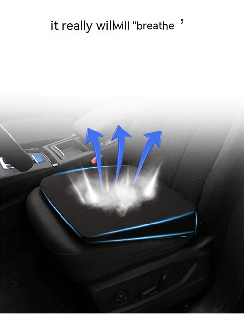 Black car seat cushion for heightening and comfort, shown on a vehicle seat.