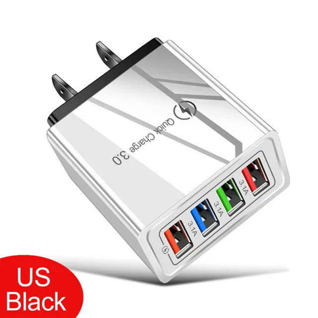 Multi-port USB charging head with four ports, PC+ABS housing in black, white, and blue options