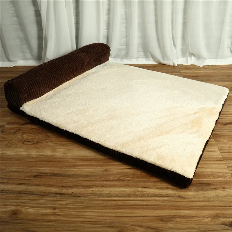 Corduroy pet sofa dog bed with raised edges in coffee colour showing reversible bilateral design