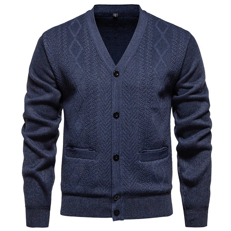 Men's striped cardigan sweater in plus sizes with wool lining for cold weather wear