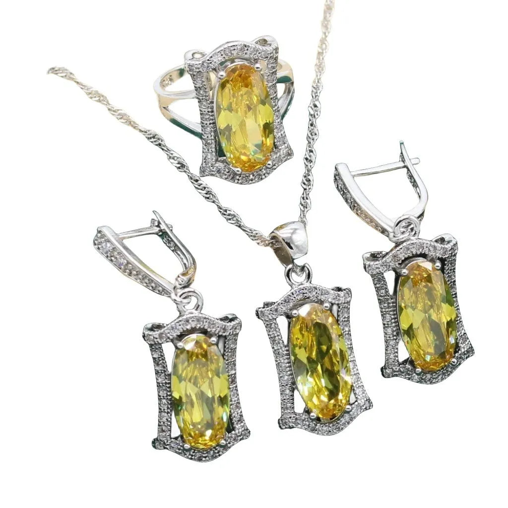 Anti-allergy zircon jewellery set with necklace, earrings, ring and bracelet in yellow or olive alloy colours