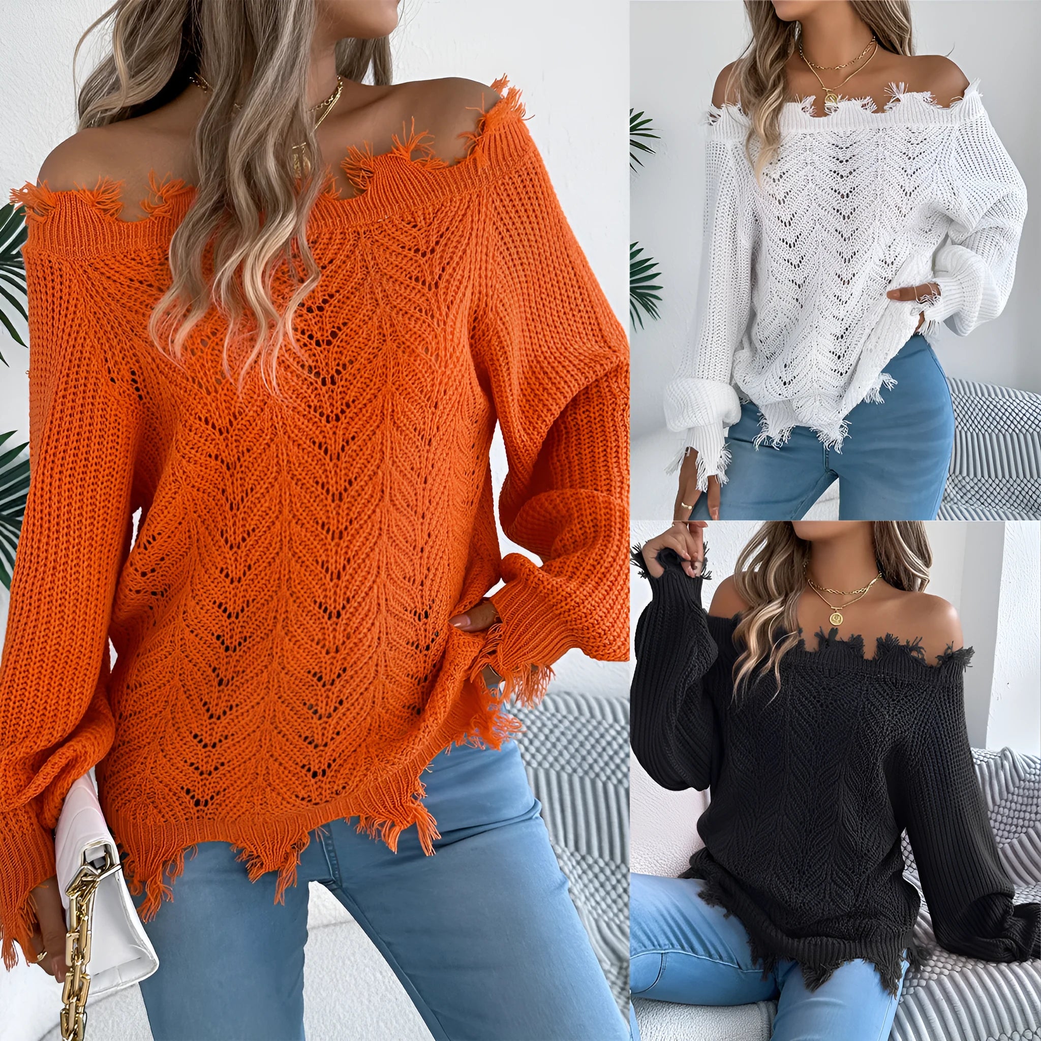 White hollow-out cut off shoulder pullover sweater with long sleeves on hanger