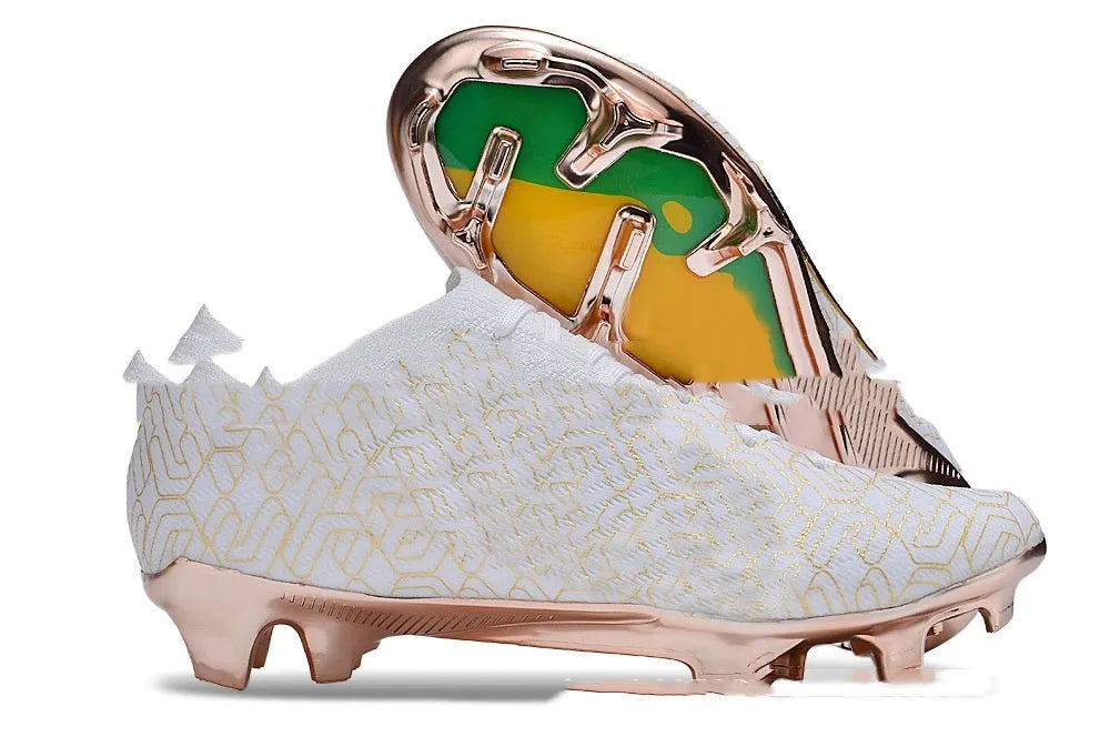 Men's knitted blue and white football shoes with FG studs and a lace-up front.