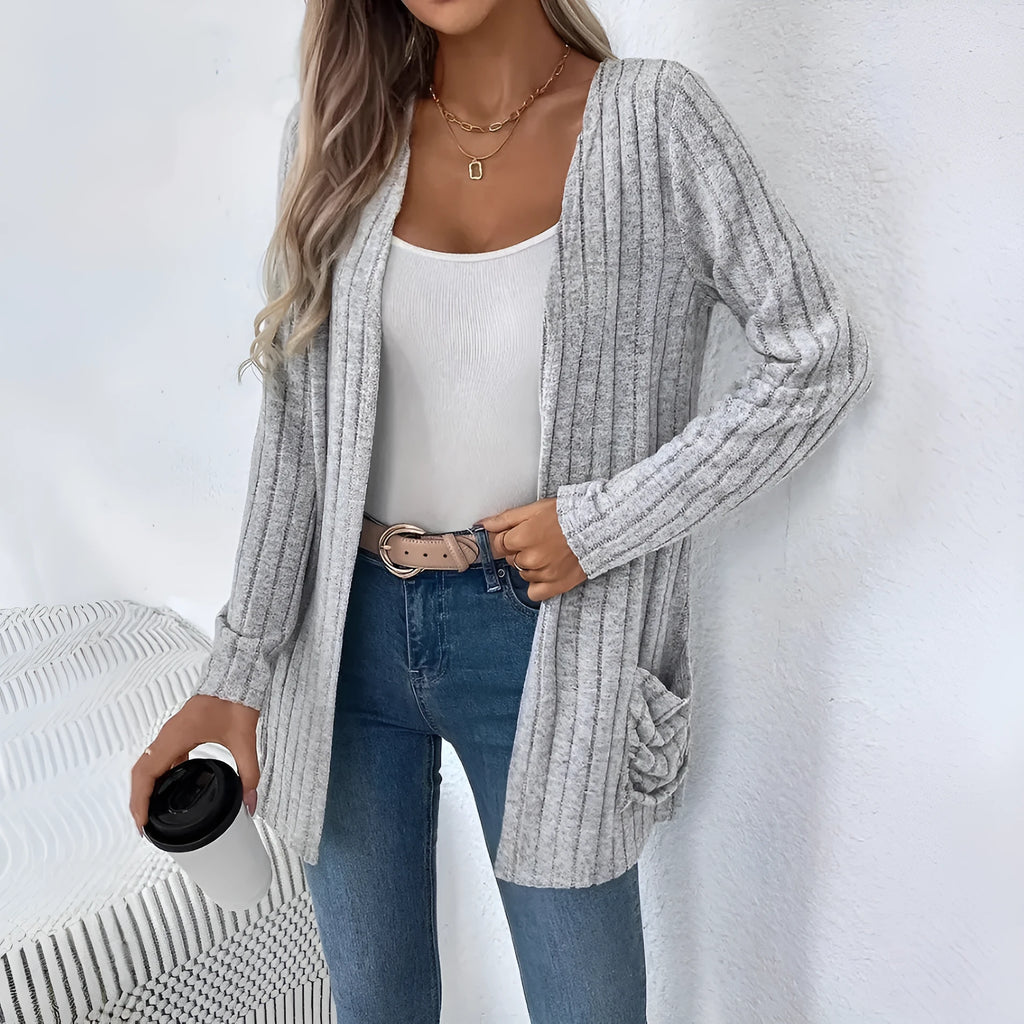 Women's solid colour long sleeve cardigan with pockets in loose fit, shown in Granny Grey.