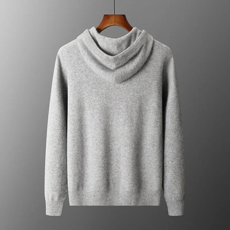 Men's light grey cashmere hooded sweatshirt and matching long pants set laid flat.