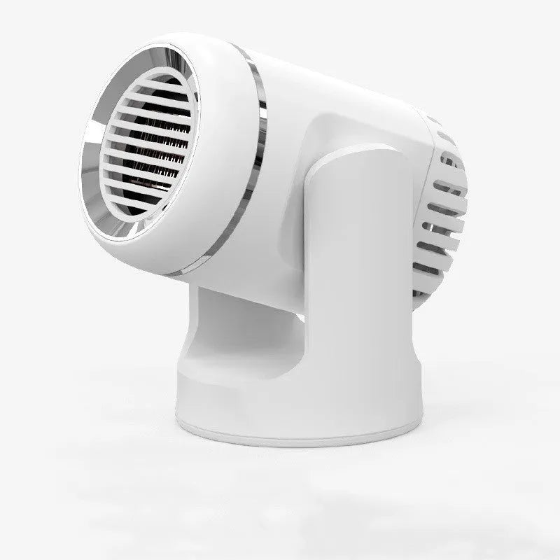 Compact black and white 12v car heater with dual cold/warm settings for vehicle defrosting and cabin comfort