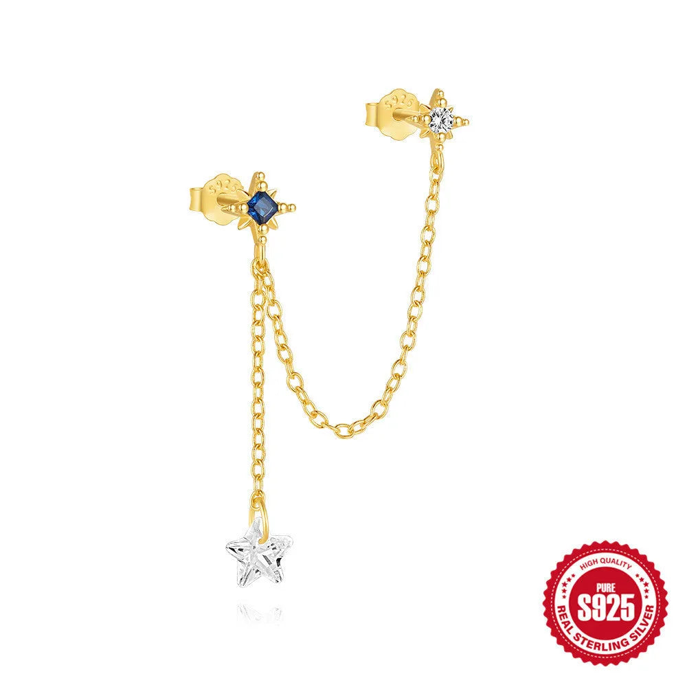 Golden geometric S925 sterling silver stud earrings with zircon inlays, showing clover, crown, and chain horse eye designs.