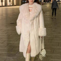 Women's thick grey faux rabbit fur mid-length coat with fur collar.
