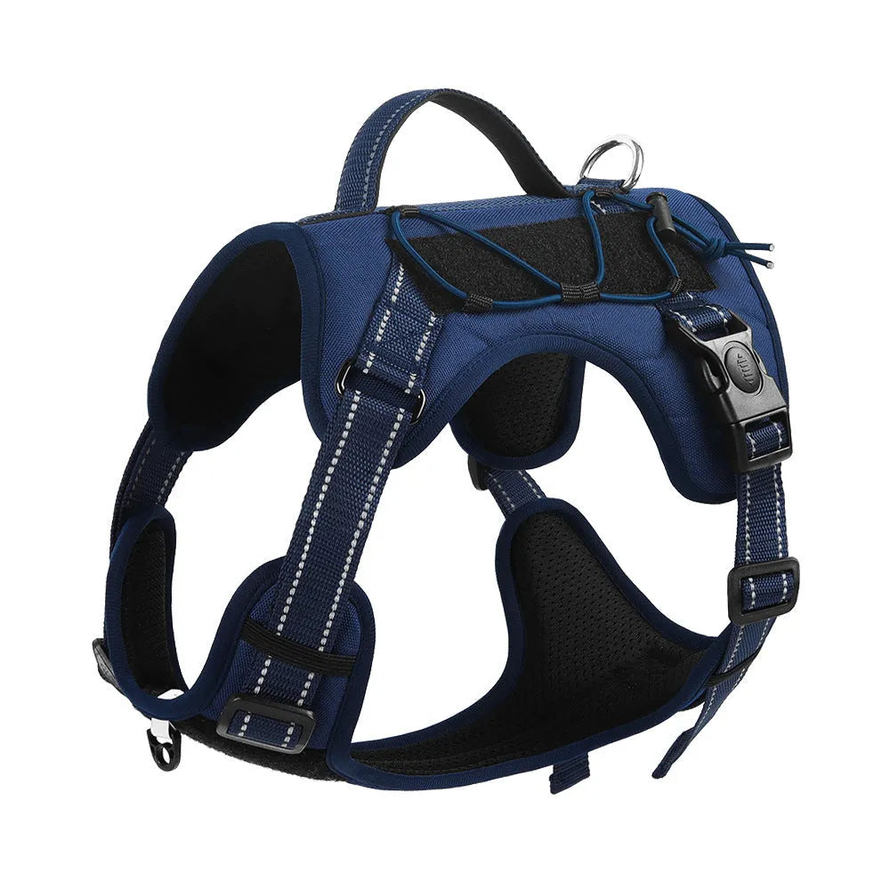 Reflective orange dog harness with black explosion-proof breast strap and full-hand grip rope