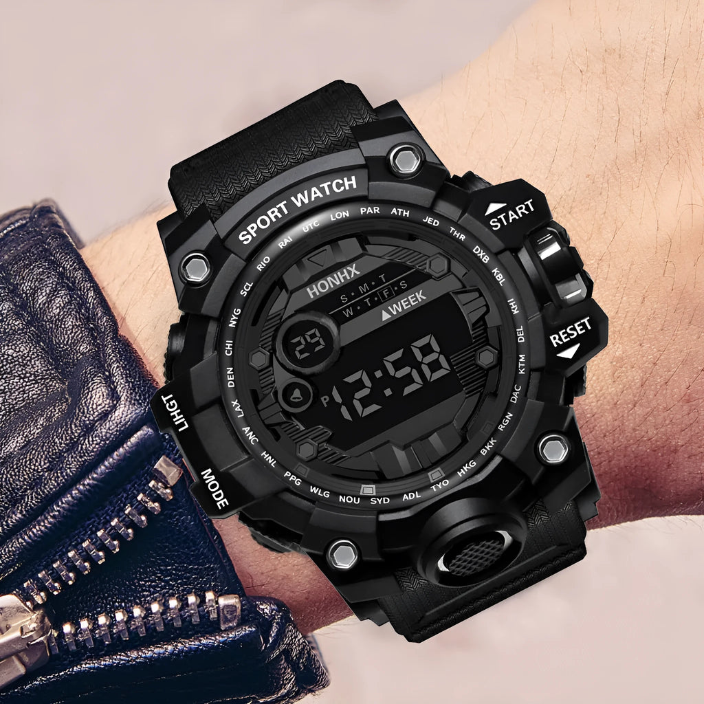 Men's student multi-function electronic watch 55mm round resin case PU strap luminous display sports style