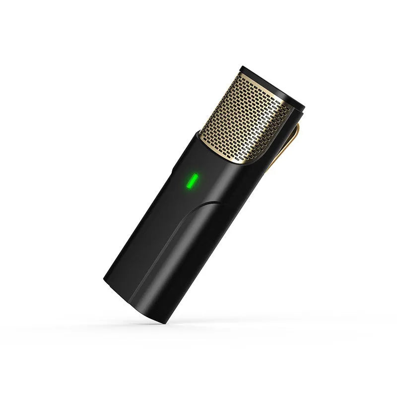 Black wireless lavalier microphone with transmitter and Type-C cable for live streaming.