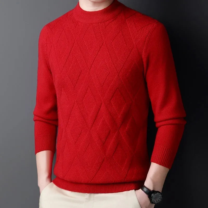 Men's diamond jacquard wool blend winter sweater in light camel colour on a hanger