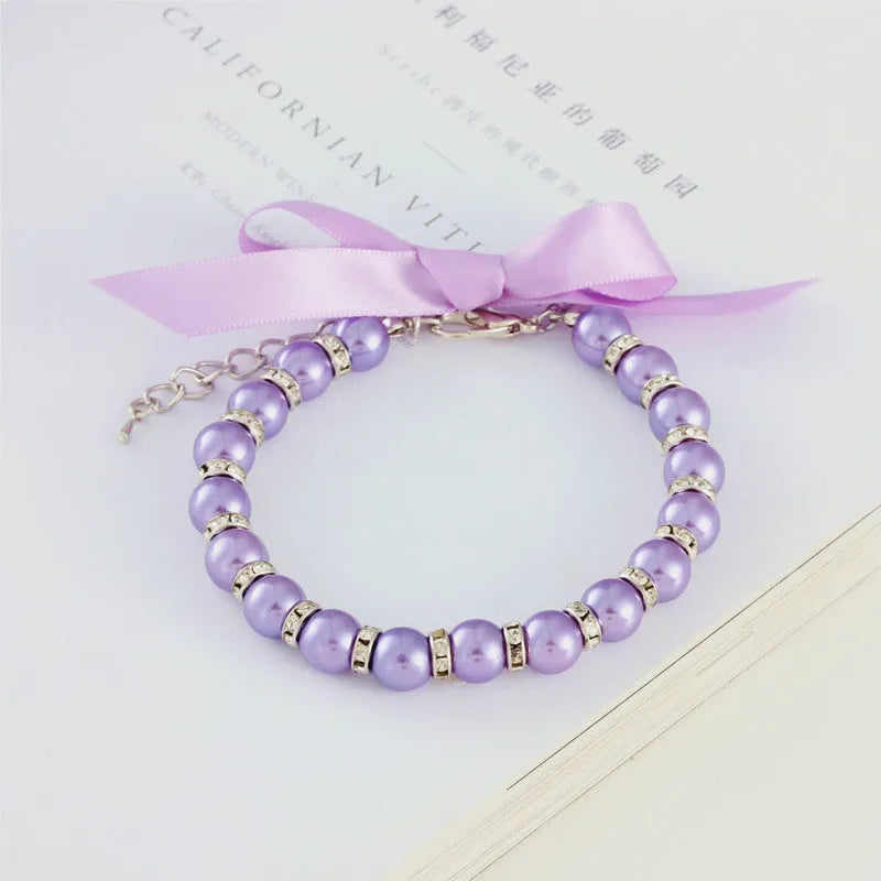 Adjustable small dog pearl necklace with imitation pearls and rhinestones on soft ribbon
