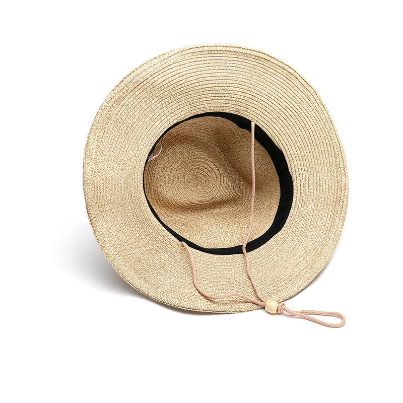 Men's foldable straw sun hat with wide brim in beige colour shown in medium size