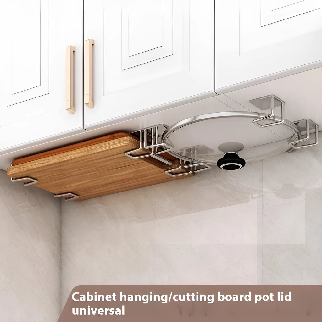Stainless steel punch-free wall hanging pot storage rack in elegant black with adhesive backing