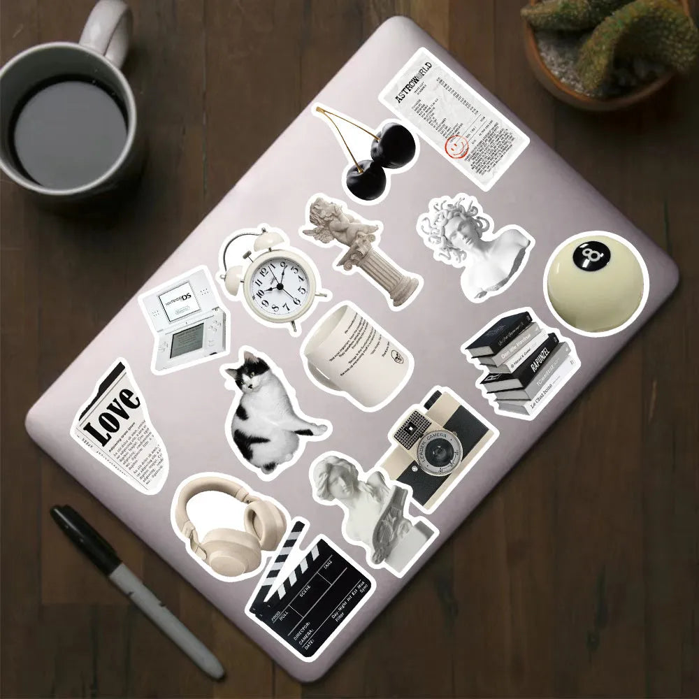 Black and white PVC waterproof stickers with coffee cup designs for laptop and phone decoration