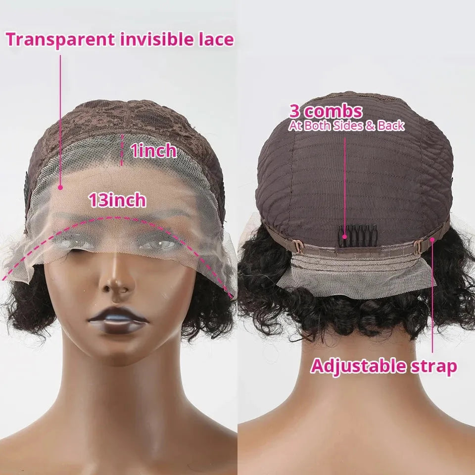Black human hair pixie wig lace hair cover for daily wear, colour 13x1.
