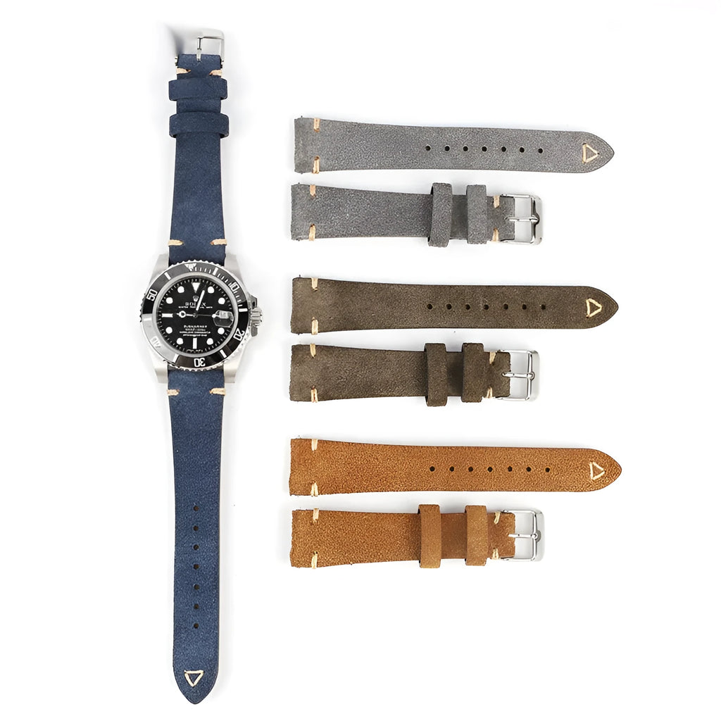 Genuine suede leather watch strap in Army Green, Blue, Brown, or Grey colour, showing 20mm and 22mm width options.