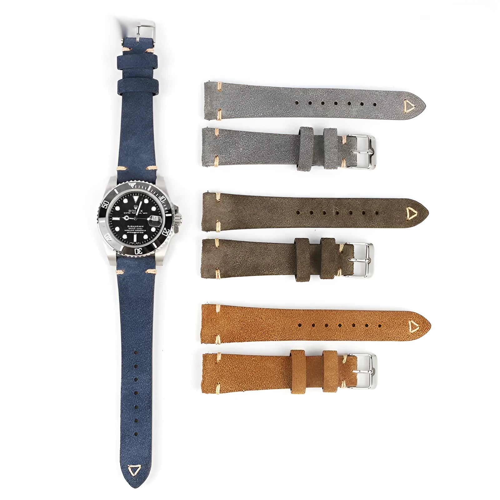 Genuine suede leather watch strap in Army Green, Blue, Brown, or Grey colour, showing 20mm and 22mm width options.