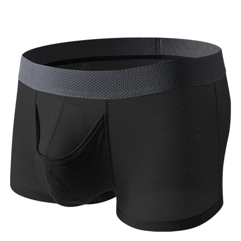 Men's solid colour ice silk boxer briefs with a low waist and mesh knit fabric.