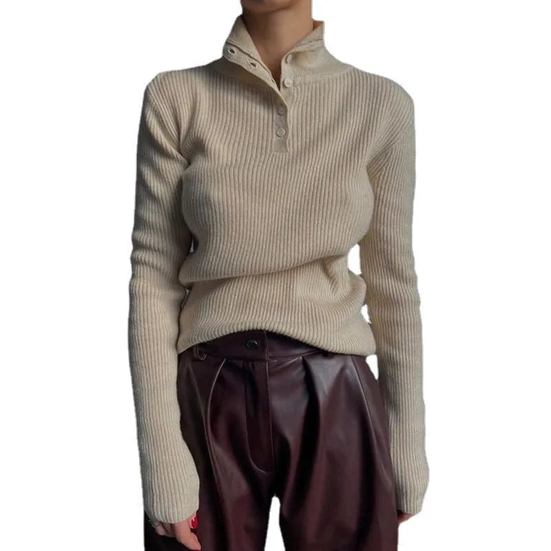 Women's silver grey half turtleneck pullover sweater with a single-breasted placket front.
