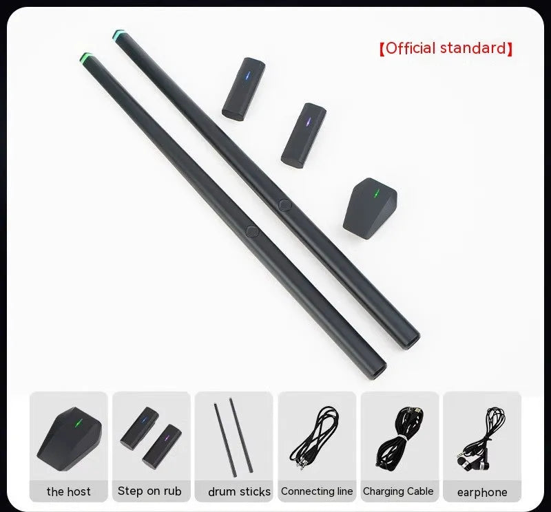 Black wireless somatosensory air drum kit host unit with two drumsticks on a stand.