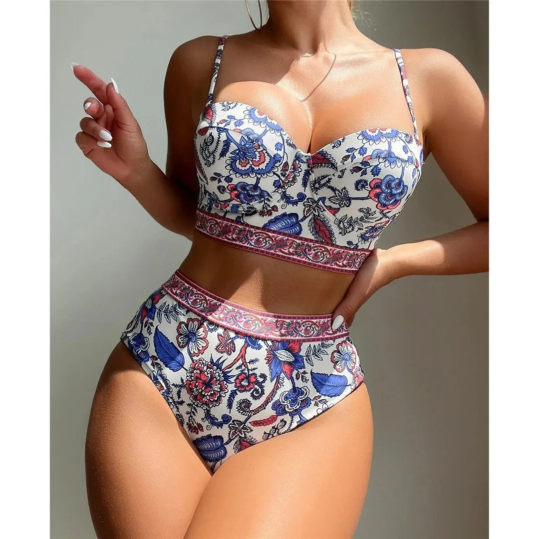 Blue women's high waist bikini with push-up top on a mannequin