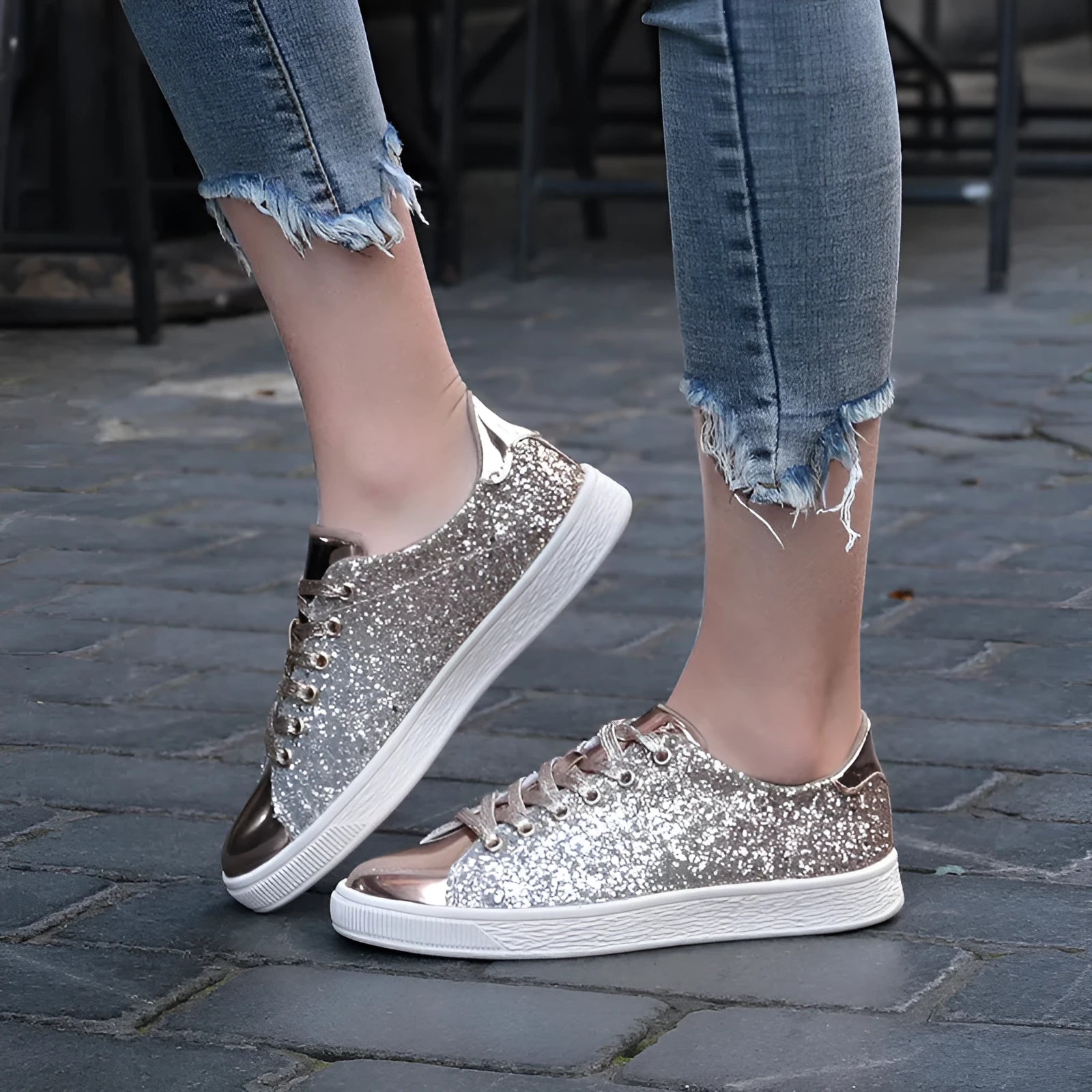 Women's colourful sequins casual low-top shoes with PU upper, leather lining, round toe, front lace-up, black gold pink options, sizes 36-41