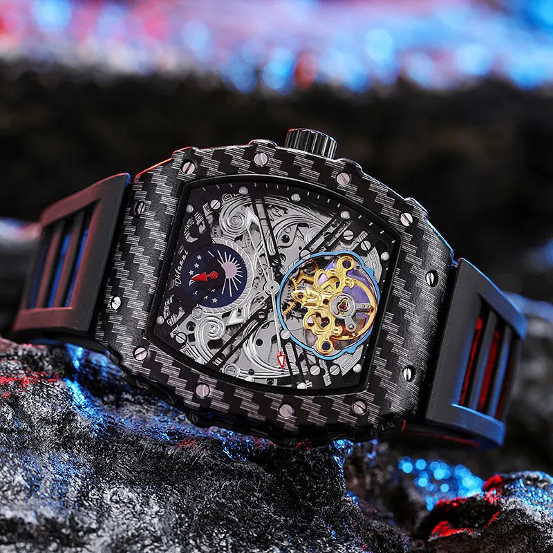 Mechanical waterproof men's watch with luminous display and rubber strap