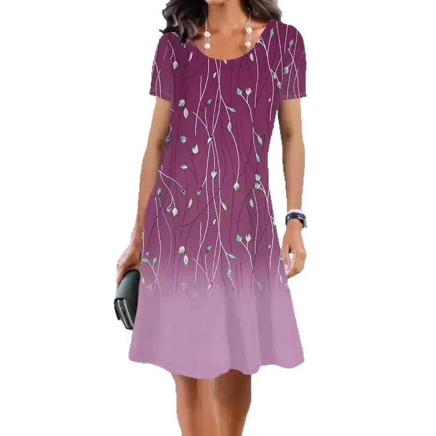 Women's floral print summer dress in ice silk fabric with A-line silhouette and short sleeves