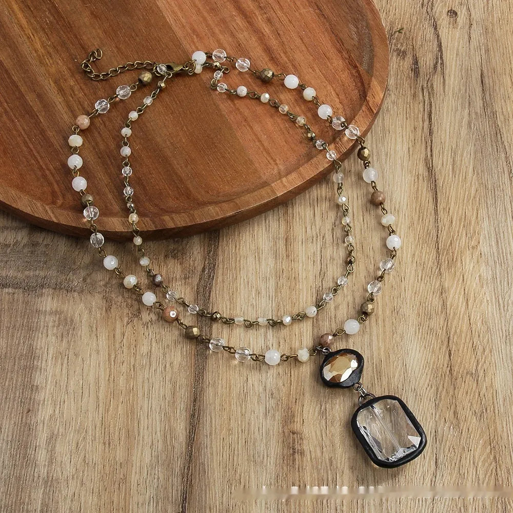 Two-layer tribal necklace with glass pendant and natural stones on adjustable 31-40cm chain