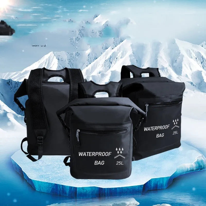 Black outdoor waterproof backpack with a 25-litre capacity for swimming and rafting.