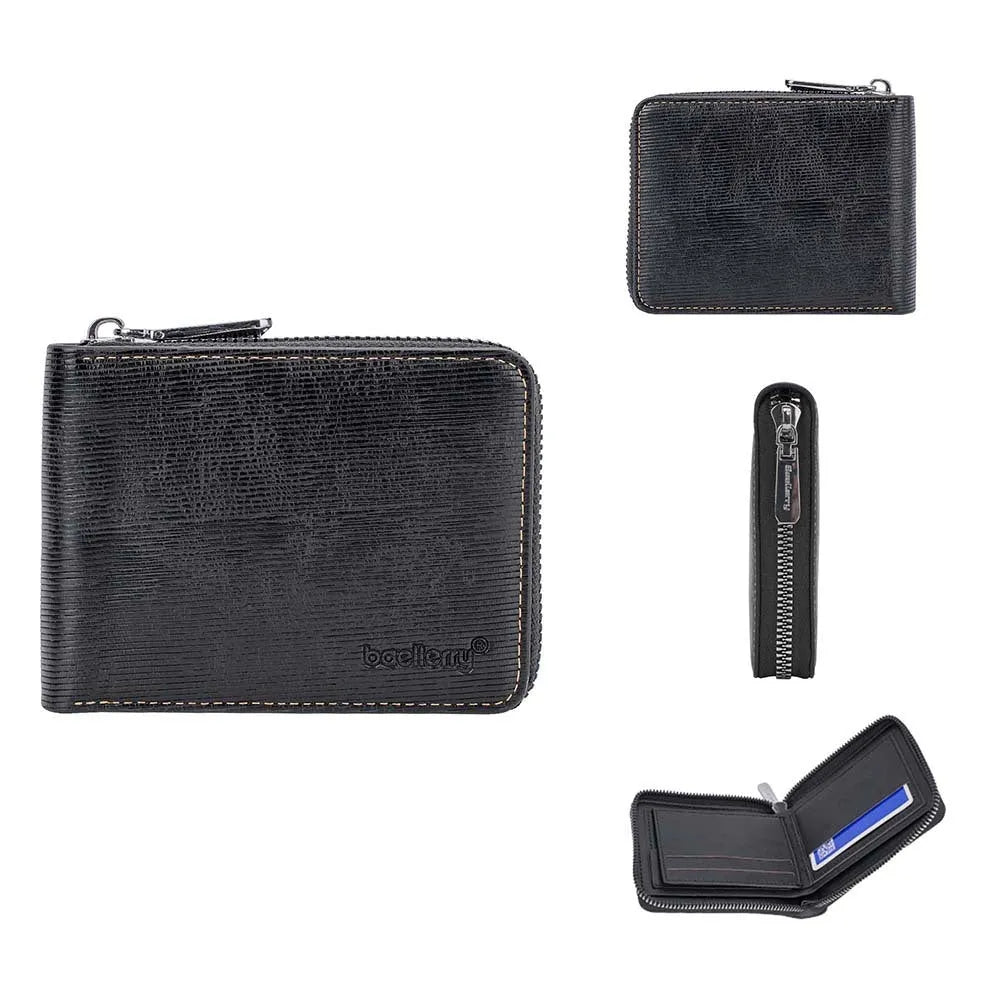 Black or brown leather anti-theft credit card wallet with zipper closure and embossed detailing