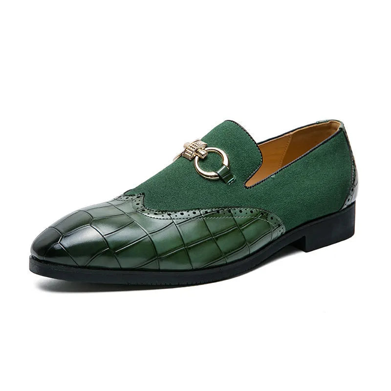 Men's black and green pointed-toe casual shoes with low-top design and rubber sole