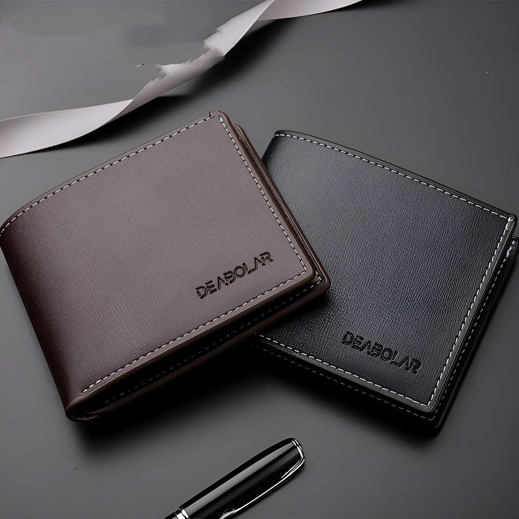 Men's PU leather bi-fold short wallet with car suture design in black