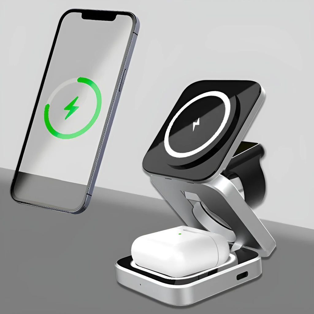 Folding three-in-one desktop wireless charging bracket for Apple, Samsung, and Google Pixel devices on a table.