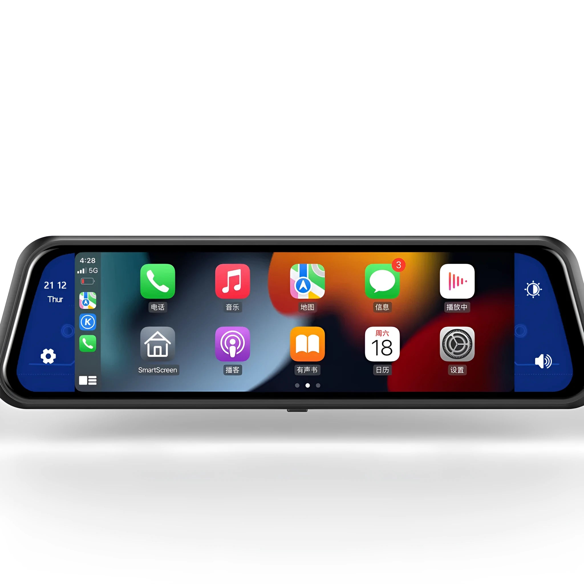 Black dual-lens driving recorder with 9.66-inch touch screen mounted on car windscreen.