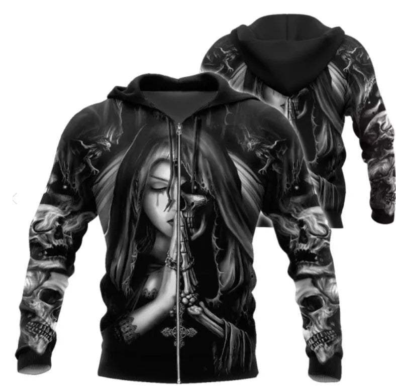 Black hooded sweatshirt with detailed white 3D skull anime graphic on front, long sleeves