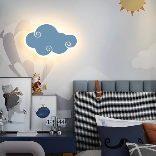White cloud-shaped children's wall lamp with acrylic cover mounted on a bedroom wall.