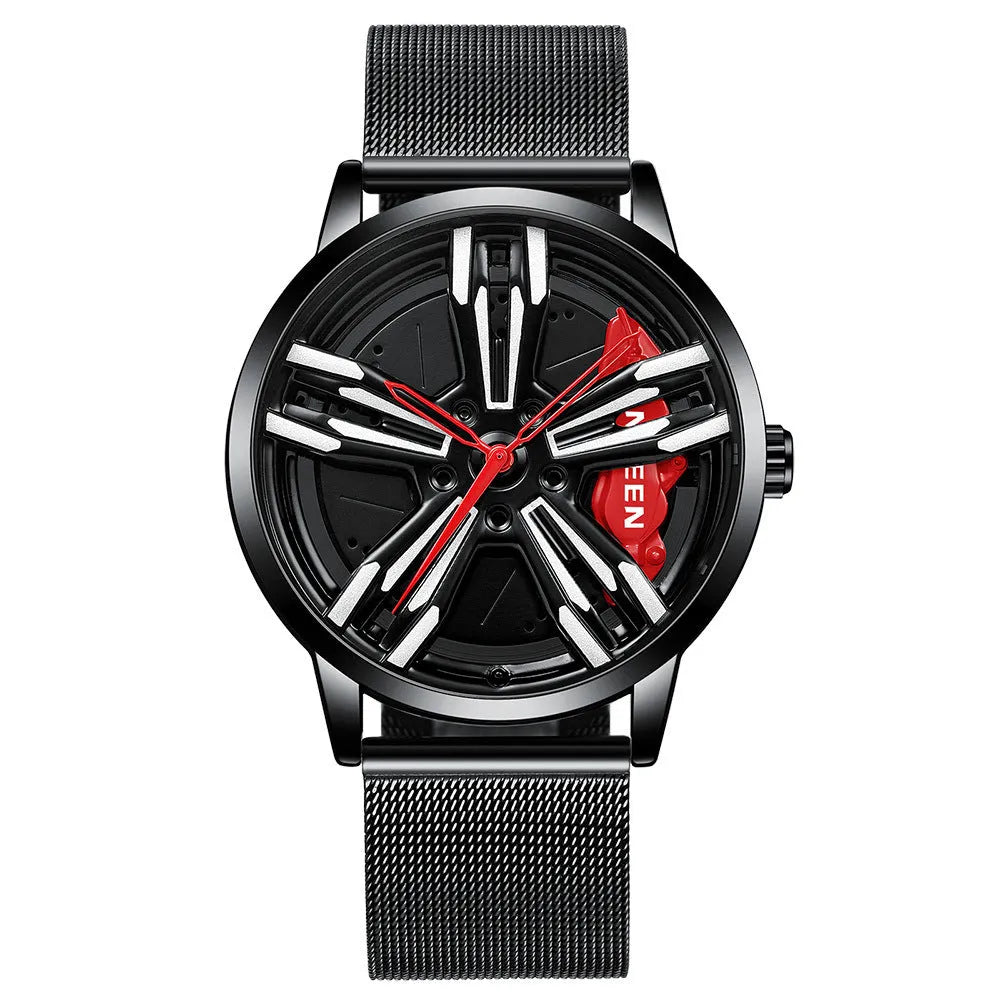 Locomotive men's quartz watch with hollow car wheel dial, black steel case, and white steel band on a wrist.