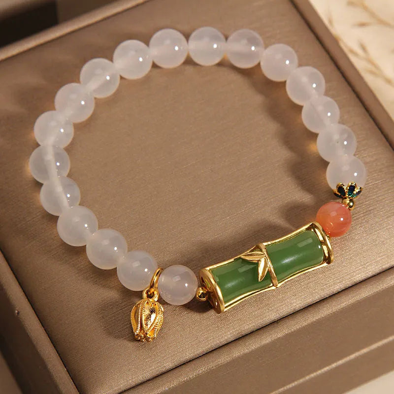 Women's Chinese style bamboo beaded bracelet with white agate and jade components